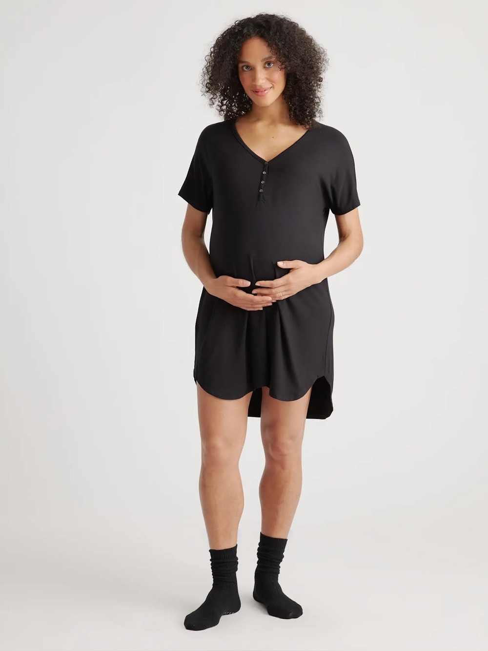 Quince Maternity Bamboo Henley Short Sleeve Nightgown Sleep Dress Large Black